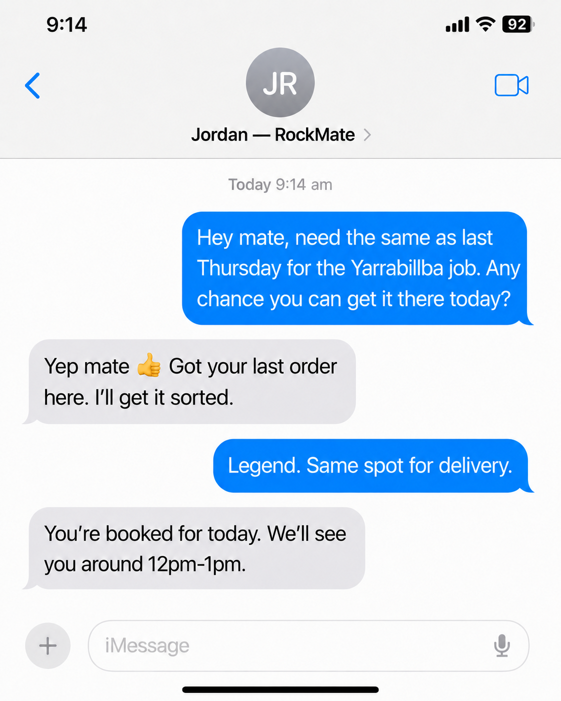 Text message repeat order confirmed with a 12pm to 1pm delivery window