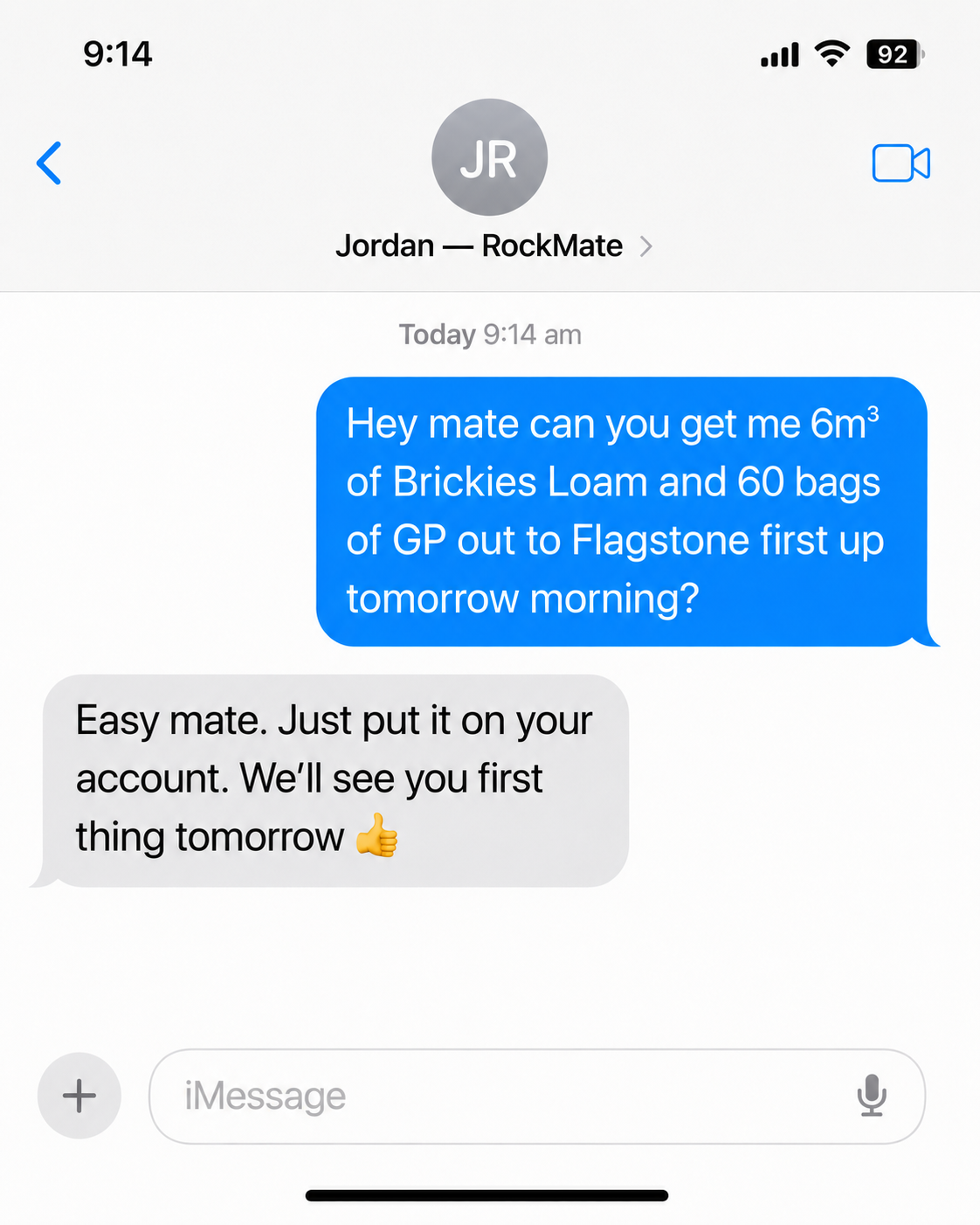 Text message ordering brickies loam and cement put on the trade account